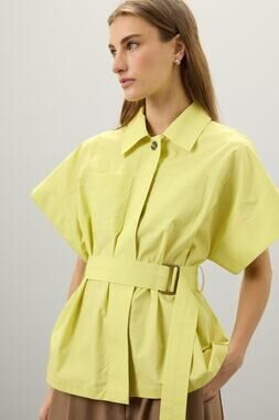 EUDON CHOI Women's Green Neon Belted Short Sleeve Collared Blouse Top Size 2